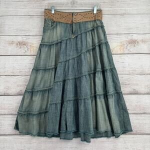 Chip & Pepper Y2K Denim Tiered Midi Skirt Womens Medium Blue Faux Leather Waist